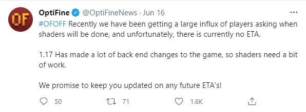 OptiFine development team about optifine 1.17
